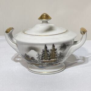 Japanese Kutani Hand Painted Porcelain Covered Sugar Bowl White Gold Accents